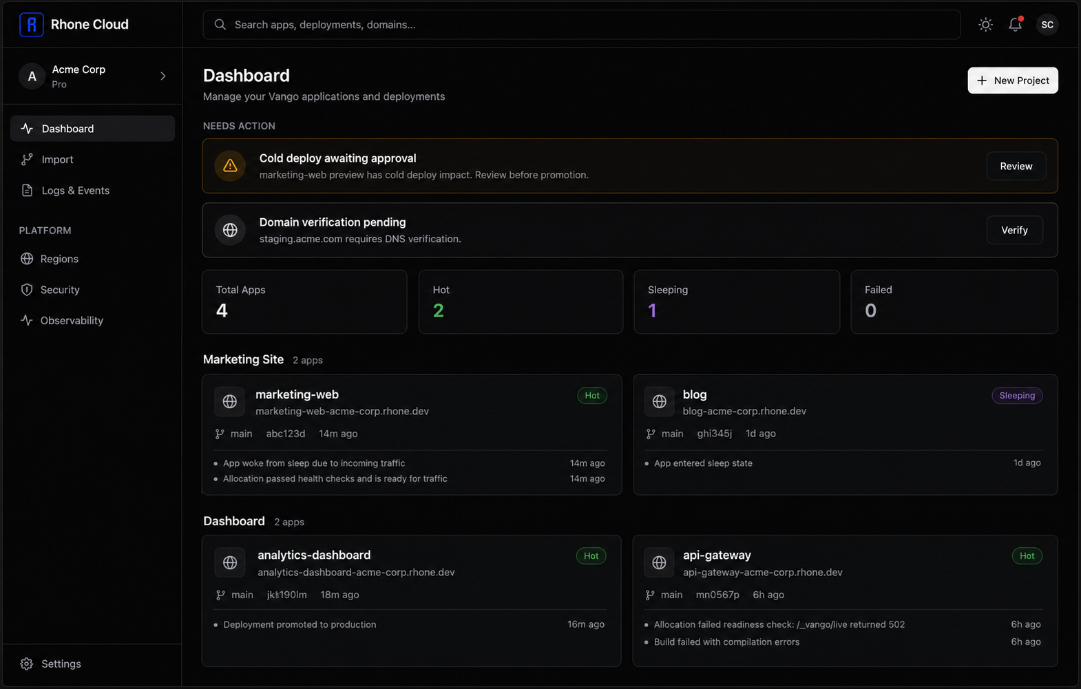Rhone Cloud dashboard interface